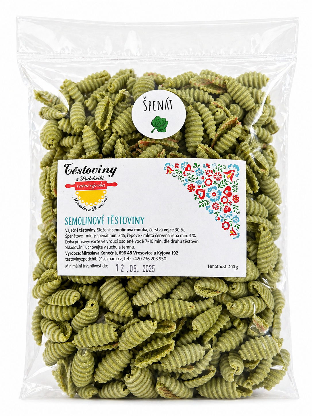 Semolinové Mušle špenátové  400g